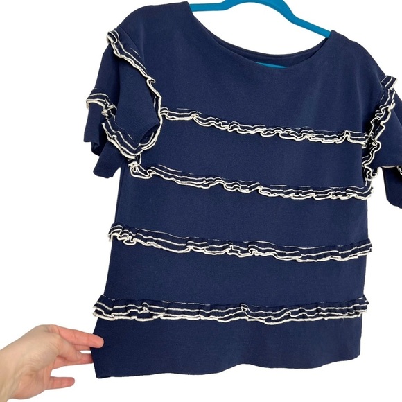 J Crew Navy Blue Ruffle Boatneck Short Sleeve Knit Sweater - Picture 5 of 11